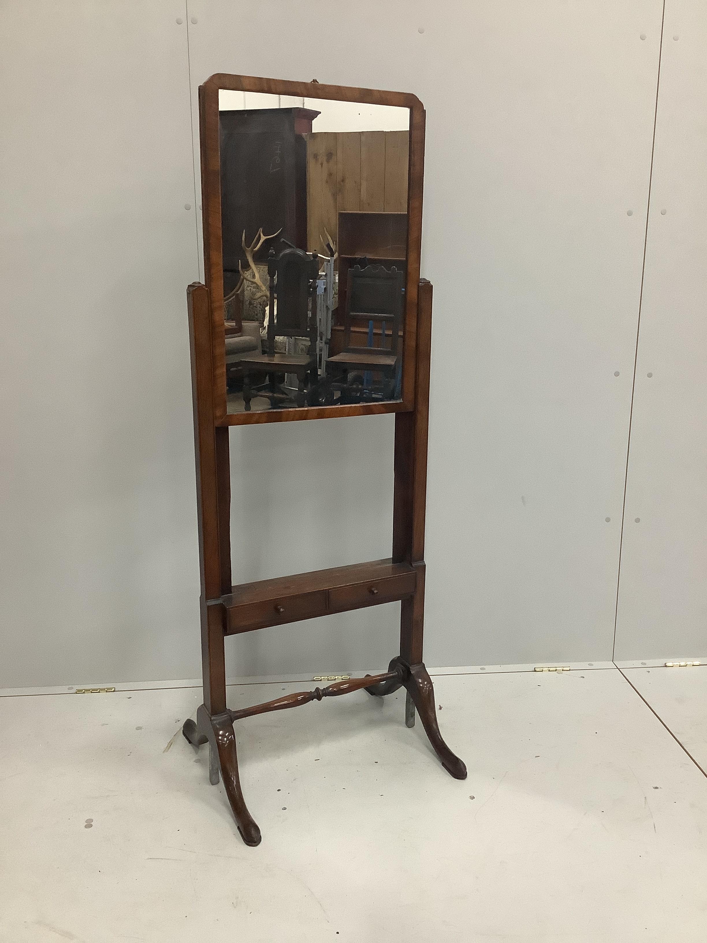A George III mahogany adjustable cheval glass with mid tier drawers, width 57cm, extends to a height of 156cm